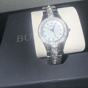 Bulova Crystals 96T14 Women's Round Mother of Pearl Analog Watch with Links
